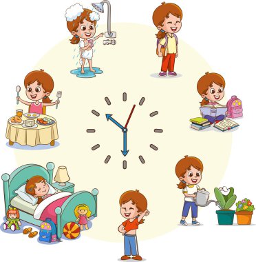 Günlük kızlar. Farklı aktivite sahneleriyle saati çevir. Küçük çocuk uyuyor ve kahvaltı yapıyor. Hijyen ve ders çalışma. Eğitim ya da okuma zamanı. Harika.