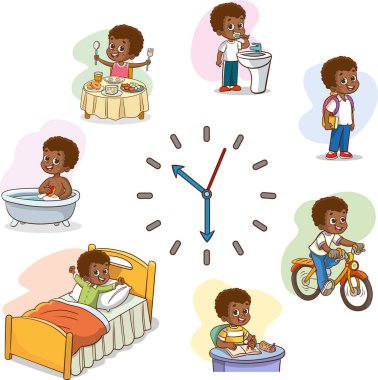 Günlük çocuk rutini. Çocuklar günlük aktiviteler ve alışkanlıklar. Saati çevir. Programda çocuklar var. Hijyen ya da ders çalışmak. Gençler yer ve uyur. Eğitim ya da okuma zamanı