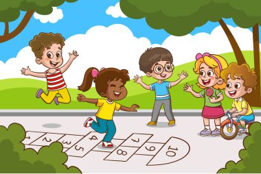 Çeşitli etnik grupların çocukları birlikte mutlu seksek oynuyorlar..