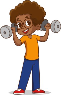 Spor egzersizleri yapan, halterlerle spor yapan sağlıklı küçük bir çocuk.