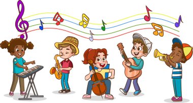 Okul Orkestrası Çocukları Çeşitli Müzik Enstrümanları Çalıyor. Sınıfta Çocuklar Birarada. Saksafonlu çocuk. Genç Performansın kutlu olsun. Çizgi film Çizimi