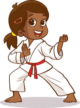 Siyah kuşaklı küçük tatlı karateci Afrikalı kız dövüş sanatları eğitiminde el savunma teknikleri gösteriyor.