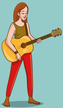Gülümseyen Genç Kız Sahne Vektörü İllüstrasyonunda Durup Gitar Çalıyor