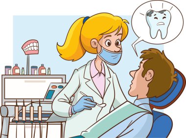 Diş hekimliği konsepti. Diş hekimi dişleri tedavi eder. Hasta tıbbi sandalyede yatıyor. Muayene teşhisi, ilaç prosedürü, diş kliniği. Vektör karakter illüstrasyonu