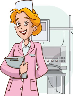 Tıbbi üniformalı, gülümseyen kadın hemşire iyi bir anlaşma yapıyor ya da sunuyor. Mutlu kadın doktor ya da pratisyen hekim satış ya da terfi öneriyor. İlaç ve sağlık hizmetleri. Vektör illüstrasyonu.