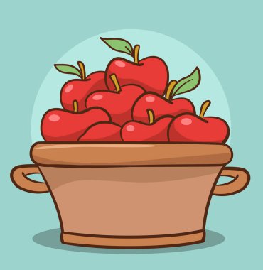 Düz tasarım, çiftçilik, hasat veya servis konsepti, meyve dolu sepet veya kase ve yanında büyük kırmızı veya yeşil elmaların izole edilmiş kırmızı elmanın vektör çizimi, hasat bilgi elementleri.