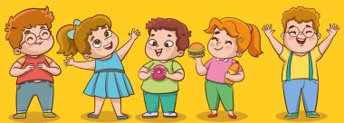 Dondurma yiyen çocuk, sağlıksız beslenme, hareketsiz yaşam tarzı aşırı kilolu çocukların açgözlülük sorunları vektör çizimleri. Çizgi film, koca göbekli çocukları kanepeye yatırır, çocuklar içer ve fast food yer.