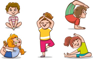 Yoga çocuk karakterleri. Fitness sporu çocukları poz verir ve jimnastik yoga vektör illüstrasyonları yapar
