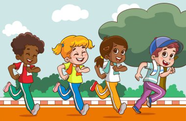 Çocuk karakterler stadyumda neşeyle yarışıyor, enerjik enerjileri heyecan verici bir hız ve kararlılık yarışını körüklüyor. Çocuklar Spor Maratonu 'nda koşuyor. Çizgi film İnsanları Vektör İllüstrasyonu