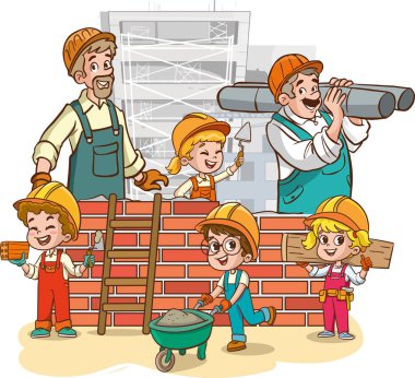 Şirin küçük inşaatçılar ve inşaat alanında çalışan yetişkin işçiler. Beton tuğla ustası aracı