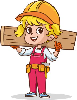 Birlikte ev inşa eden çocuklar, inşaat aletleri olan küçük inşaatçılar. Çizgi filmdeki çocuklar tuğla döşüyorlar, el arabası çizimleri yapıyorlar. Aletleri olan inşaat işçisi