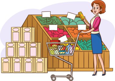 Kadın elinde yiyecek dolu bir arabayla süpermarkette dolaşıyor. Kız süpermarketten yiyecek ve sağlıklı organik yiyecekler alıyor.