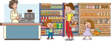Kalabalık bir süpermarketin koridorlarında gezinen anne ve çocuklar ve market alışverişini eğlenceli bir aile gezisi haline getiriyorlar. Çizgi film İnsanları Vektör İllüstrasyonu