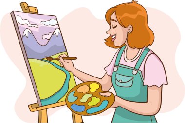 Bir kadın sehpada resim yapıyor. Genç bir kız, suluboya ve yağlarla dağları resmediyor. Fırçalar ve paletler sanatçının ellerinde. Düz biçimli vektör illüstrasyonu