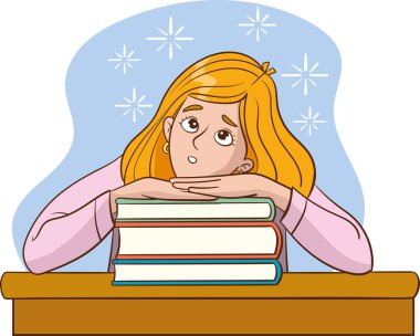 Ders çalışan, rüya gören genç bir kadın. Günlük kıyafetlerle evde ders çalışan bir kadın. Sıkıldım. düz vektör illüstrasyonu