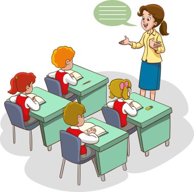 Öğrencilerle ve öğretmenlerle dolu bir sınıf. Sınıfın iç tarafı. Öğretmenini dinleyen çocuklar. İlkokul çocukları. Sınıfta çocukların ve öğretmenlerin olduğu bir resim. Eğitim illüstrasyonu.