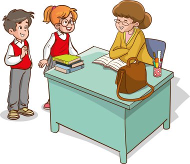 Öğrencilerle ve öğretmenlerle dolu bir sınıf. Sınıfın iç tarafı. Öğretmenini dinleyen çocuklar. İlkokul çocukları. Sınıfta çocukların ve öğretmenlerin olduğu bir resim. Eğitim illüstrasyonu.