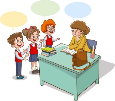 Öğrencilerle ve öğretmenlerle dolu bir sınıf. Sınıfın iç tarafı. Öğretmenini dinleyen çocuklar. İlkokul çocukları. Sınıfta çocukların ve öğretmenlerin olduğu bir resim. Eğitim illüstrasyonu.