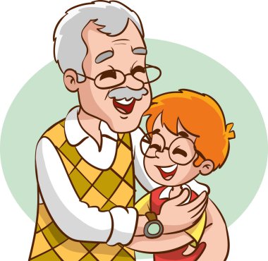 Mutlu büyükbaba küçük torununu kollarında tutuyor. Karakter portresi.