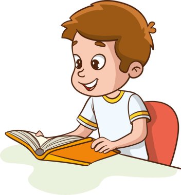 Çocuk okuma, rüya görme. Masada oturmuş kitap okuyan bir çocuk. Vektör çizimi. Düz tasarım.