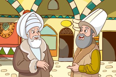 Osmanlı tarihinden iki adam ayakta ve konuşuyorlar.