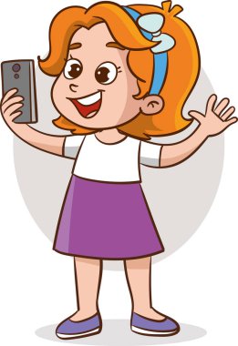 Gadgets çocukları. Bilgisayarlı akıllı telefon tabletleri kullanan sevimli mutlu çocuklar dijital telefon ekranına dokunuyor ve ellerinde tam vektör teknolojisi konsepti var.