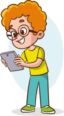 Gadgets çocukları. Bilgisayarlı akıllı telefon tabletleri kullanan sevimli mutlu çocuklar dijital telefon ekranına dokunuyor ve ellerinde tam vektör teknolojisi konsepti var.