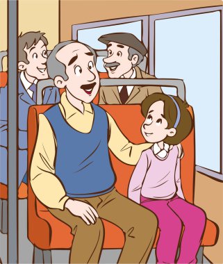 Otobüs vektör posterlerindeki insanlar. Şehir içi toplu taşıma araçları, oturan yolcular. Baba ve kız. Büyükbaba ve torun otobüse biniyor.