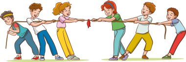 Bir grup çocuk halat çekip, halat çekme oyunu oynuyor.