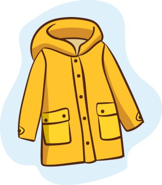 Cartoon Yellow Raincoat. Autumn waterproof coat. Fall and Spring season Clothing for cold rainy weather. Rain protection accessory. Hand drawn doodle style object, vector design element isolated clipart