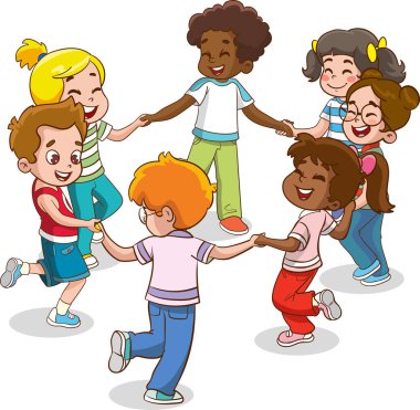 Bir grup mutlu küçük çocuk, oğlanlar ve kızlar, el ele tutuşup daireler çizerek dans ediyorlar, yüzlerinde gülümsemeyle birlikte eğleniyorlar..