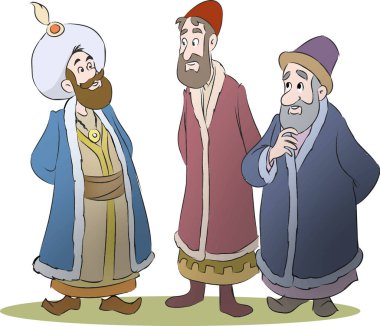 Karikatür kralı taç ve pelerin giyiyor. Kral ve adamları.