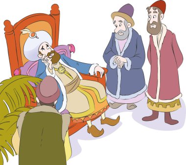 Karikatür kralı taç ve pelerin giyiyor. Kral ve adamları.