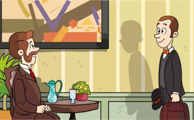 Salondaki beyefendiler. Eski tarz iç mekan, zarif giyimli insanlar, retro giysili aristokratlar, bıyıklı muhafazakar insanlar, 19. yüzyıl erkek karakterleri, çizgi film düz vektör kavramı.