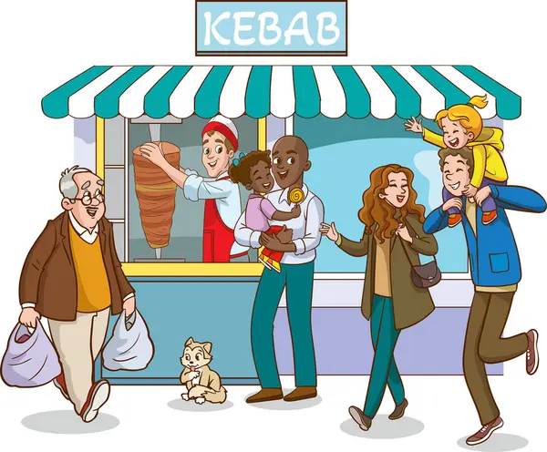 stock vector people tasting street food.people buying doner kebab.local turkish food