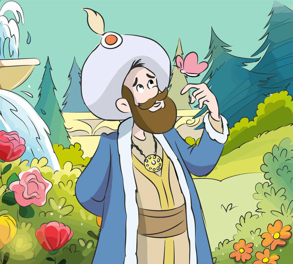 Cartoon king wearing crown and cape.The king and his men