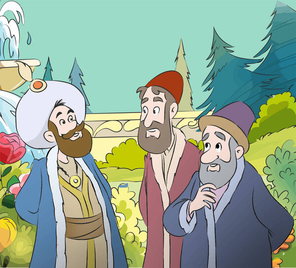 Cartoon king wearing crown and cape.The king and his men