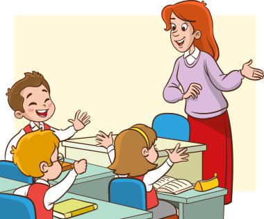 Çocuk Eğitiminin Vektör İllüstrasyonu. Öğrenciler grup çalışması yapıyor. Sınıftaki çizgi film öğretmeniyle birlikte çalışan öğrenciler.