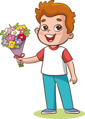 Çiçekli küçük çocuklar. Çocuk annesine, büyükannesine, kız arkadaşına vermek için bir buket tutuyor. Tebrik kartı.