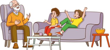 Dedem torunlarına komik hikayeler anlatıyor. Kanepede oturup gülüyor. Dedem çocuklarla vakit geçiriyor.