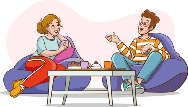 Erkek ve Kadın Karakterler Dostluk, Sohbet, Boş Zaman, Boş Zaman. Çizgi film İnsanları Vektör İllüstrasyonu