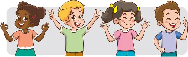 Farklı pozitif duyguları, duyguları, heyecanlı yüz ifadeleri, el hareketleri, kendine güven ve iyimser vücut dili olan sevimli mutlu çocuklar..
