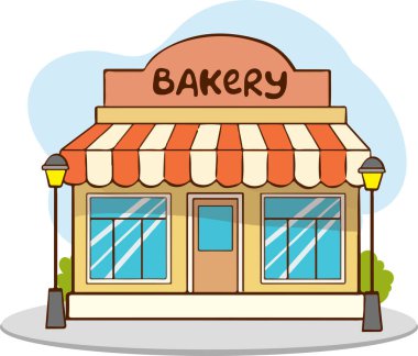 Pastane binasının ön cephesinde tabela var. Fırın, kafe, ekmek, pasta ve tatlı dükkanı. Düz vektör illüstrasyonu.