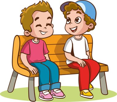 Küçük çocuklar ve arkadaşı parkta bankta oturuyor.