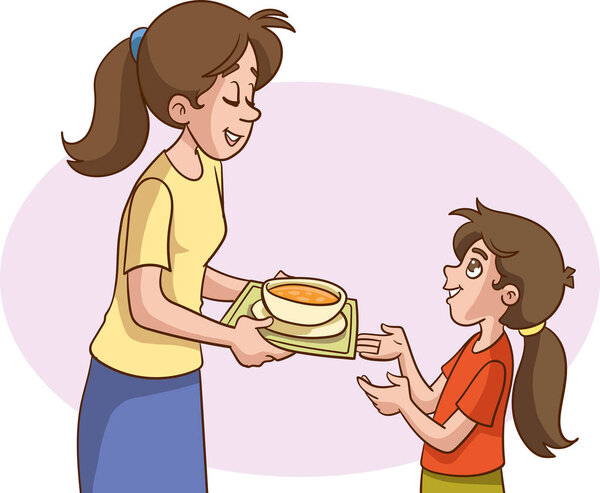 Векторная иллюстрация девушки, помогающей матери подготовить обеденный стол у себя дома. Маленькая девочка помогает матери в векторе кухни