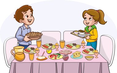 Erkek ve kız kahvaltı masasını hazırlıyorlar. Vektör çizgi film çizimleri..