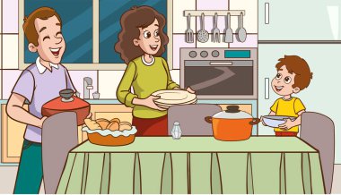Mutlu aile birlikte yemek masasını hazırlıyor. Mutfakta mutlu bir ailenin vekil ilülasyonu..