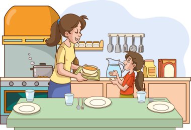 Anne ve kızı mutfakta yemek pişiriyor. Vektör illüstrasyonu.