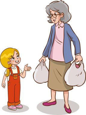 Şirin küçük çocuk büyükannesinin bakkal çantasını taşımasına yardım etmek istiyor.
