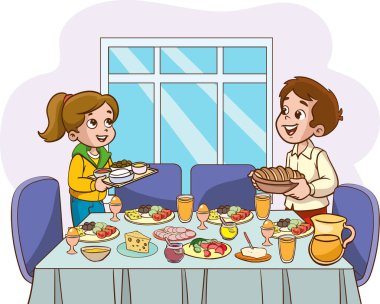 Çocuklar kahvaltı masasını hazırlıyor.